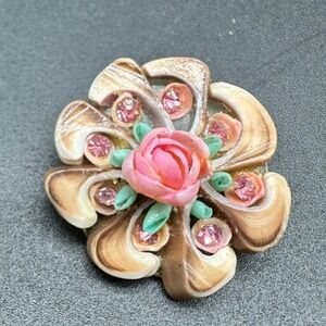 Vintage Shell Flower Brooch Hand Carved with Pink‎ Rose & Rhinestones